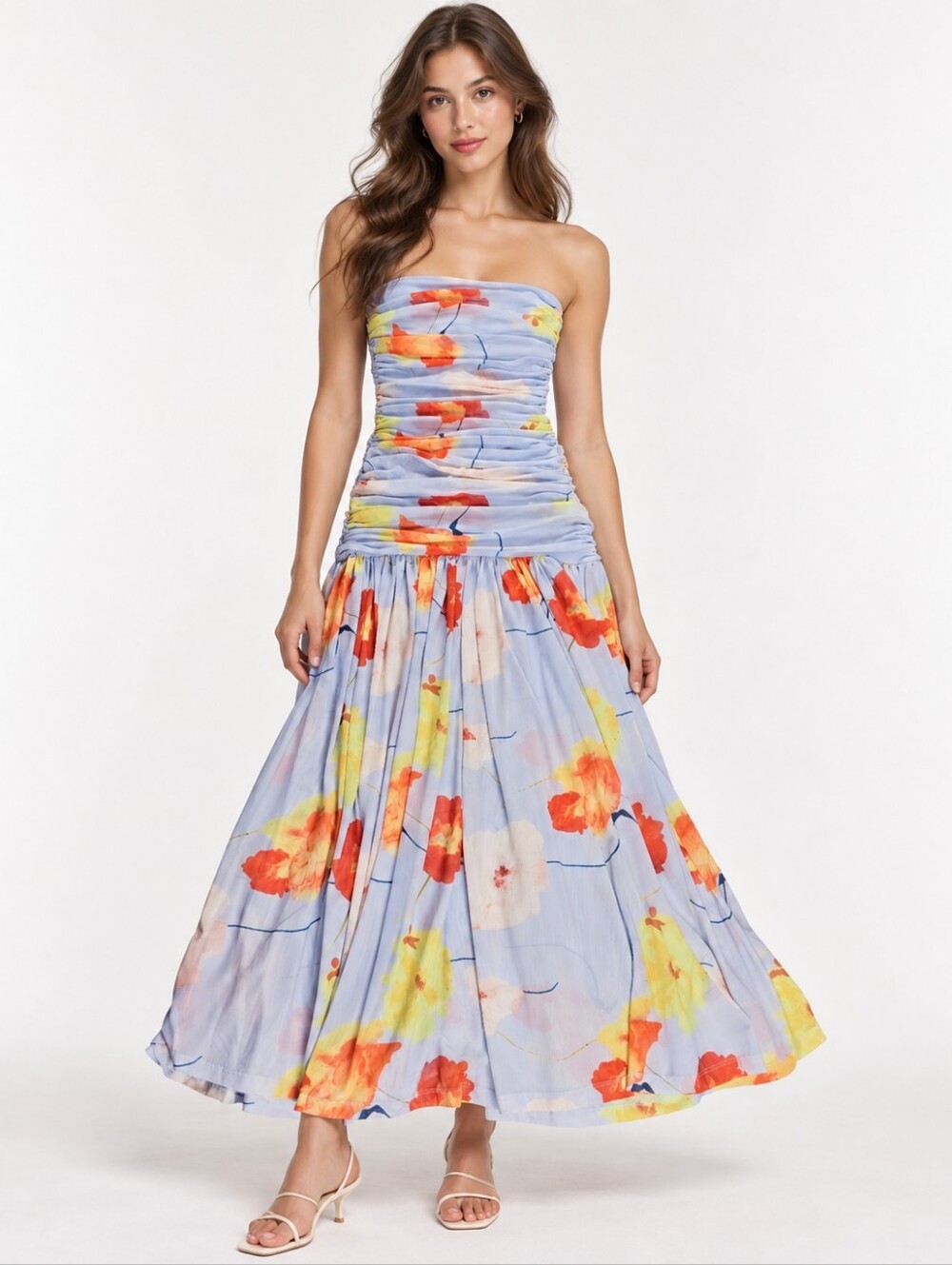 Bardot Women’s XS Strapless Floral Ruched Drop Waist Maxi Dress
